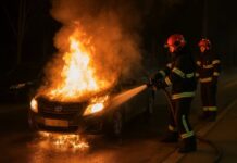 Incendiu provocat de un accident rutier în Chișinău: un automobil distrus în totalitate